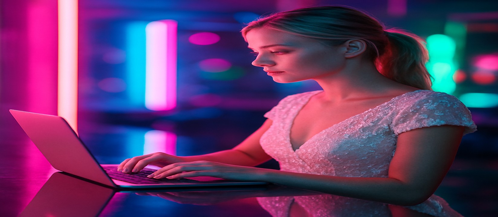 নিয়ন আলোয় আলোকিত পরিবেশে একজন নারী ল্যাপটপে এভিয়েটর গেম খেলছেন, jaya777