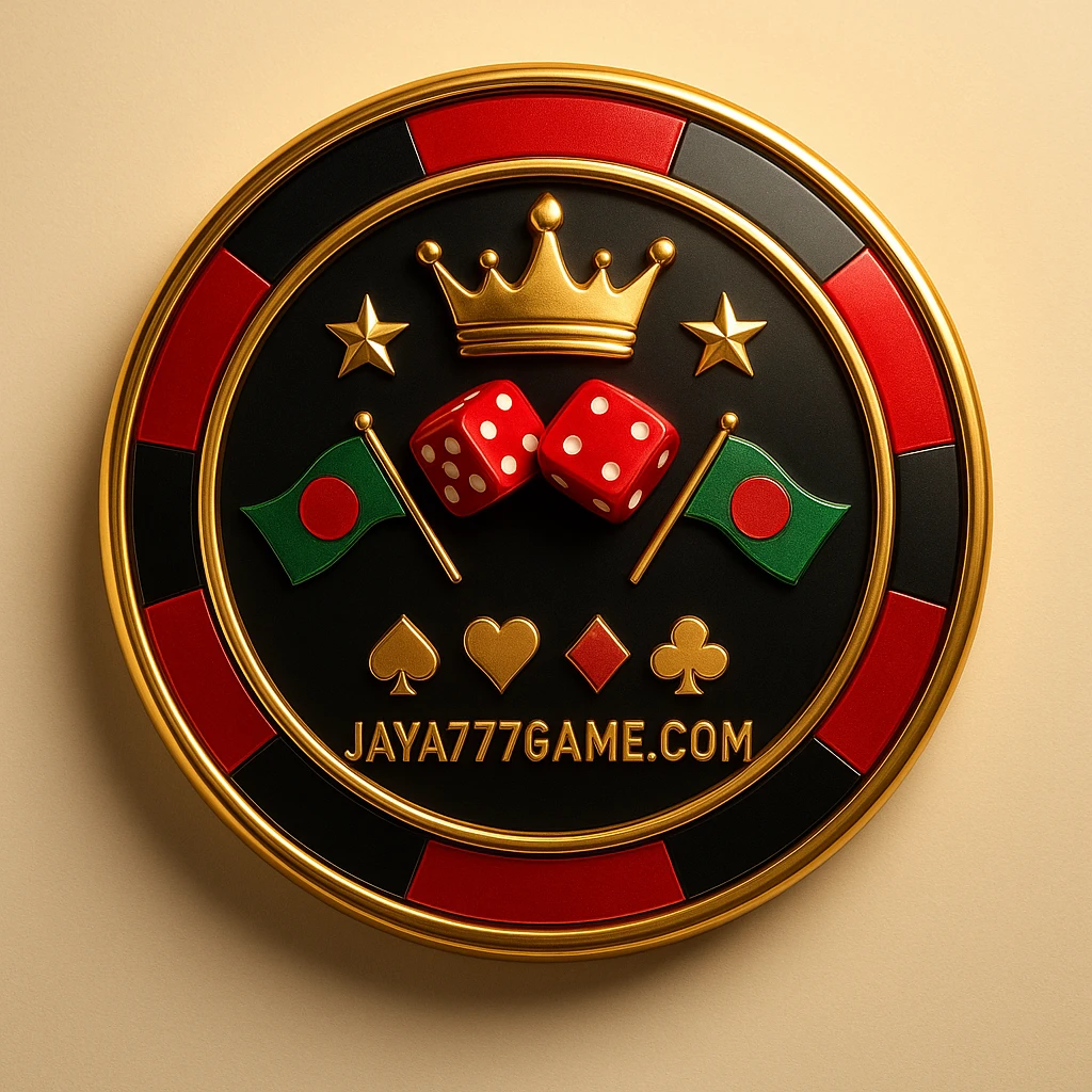 jaya777 লোগোর সঙ্গে সোনালি গেমিং প্ল্যাটফর্মের চিপ, মুকুট, তারা ও বাংলাদেশের পতাকা ও কার্ডের চিহ্নগুলো