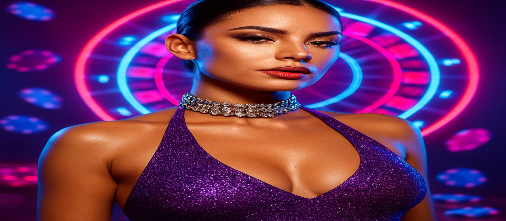 ঝলমলে বেগুনি পোশাকে এক নারী, পেছনে আলোকিত খেলার চকচকে চক্র ও উড়ন্ত জয়-চিপসমূহ; এটি jaya777-র ভিজ্যুয়াল স্টাইলের অংশ