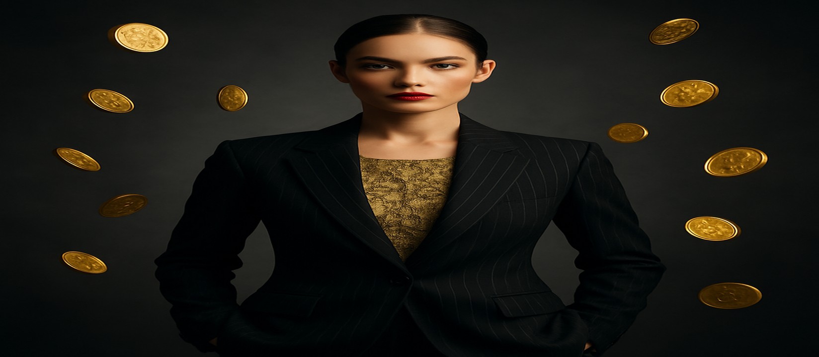 কালো ডোরাকাটা পোশাকে এক নারী, সোনালি আলোয় জ্বলজ্বল করছে; চারপাশে ভাসমান সোনা-মুদ্রাগুলো চারদিকে ছড়িয়ে রয়েছে, এটি jaya777-র নকশা নির্দেশিকা অনুযায়ী