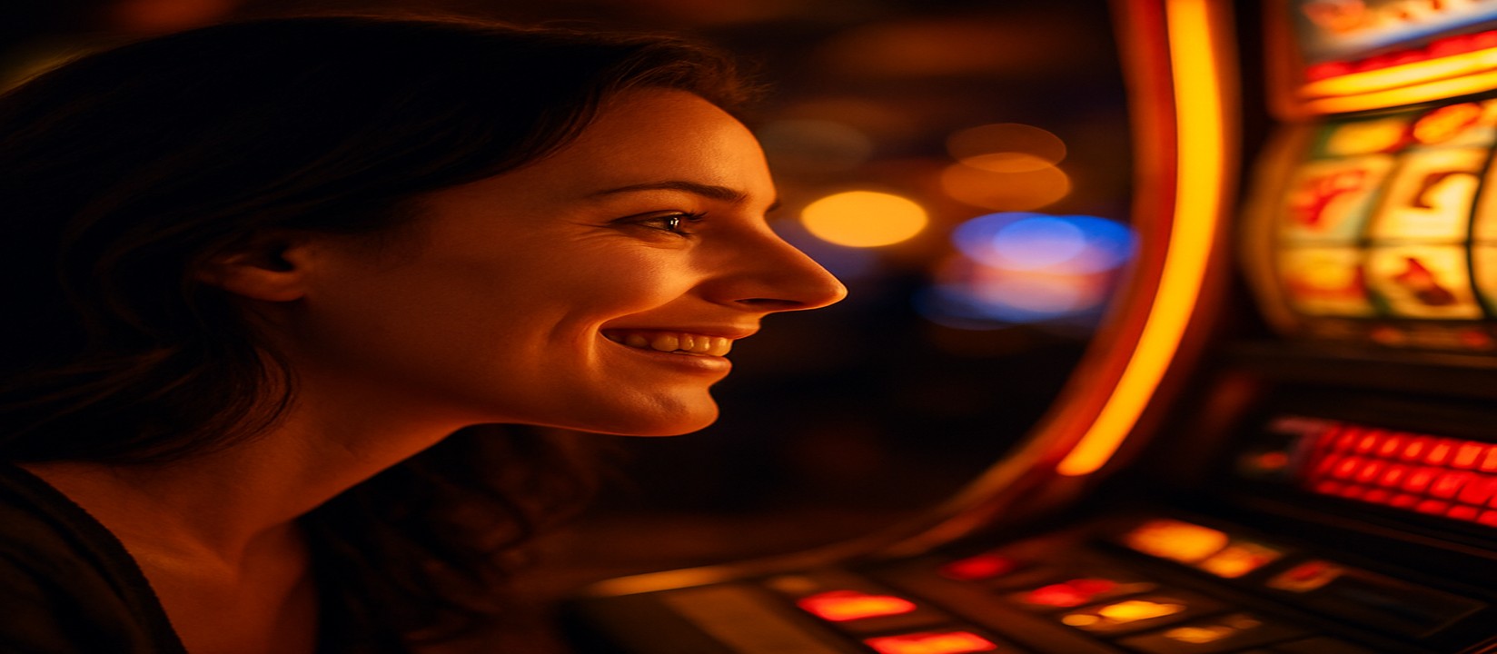 রঙিন আলোয় হাসিখুশি একজন নারী আর্কেড গেম খেলেছেন